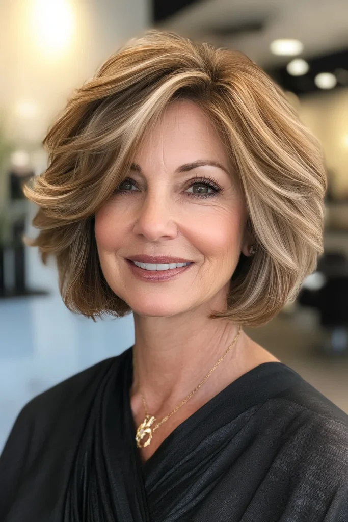 25 cortes de cabello rejuvenecedores para mujeres mayores de 50 20 1. Feathered Bob with Chestnut Brown Highlights Short Haircuts For Women Over 50 With Thick Hair