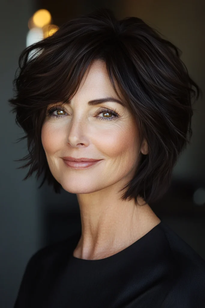 25 cortes de cabello rejuvenecedores para mujeres mayores de 50 2 10. Stacked Bob in Dark Espresso Brown Short Haircuts For Women Over 50 With Thick Hair