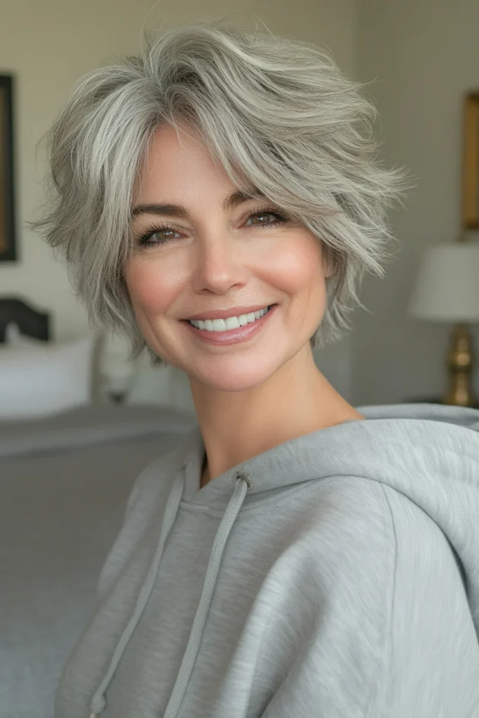 25 cortes de cabello rejuvenecedores para mujeres mayores de 50 6 11. Wispy Pixie with Salt and Pepper Tones Short Haircuts For Women Over 50 With Thick Hair