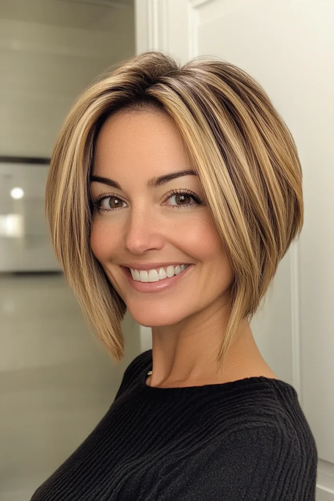 25 cortes de cabello rejuvenecedores para mujeres mayores de 50 13 12. Asymmetrical Bob with Honey Blonde Blend Short Haircuts For Women Over 50 With Thick Hair