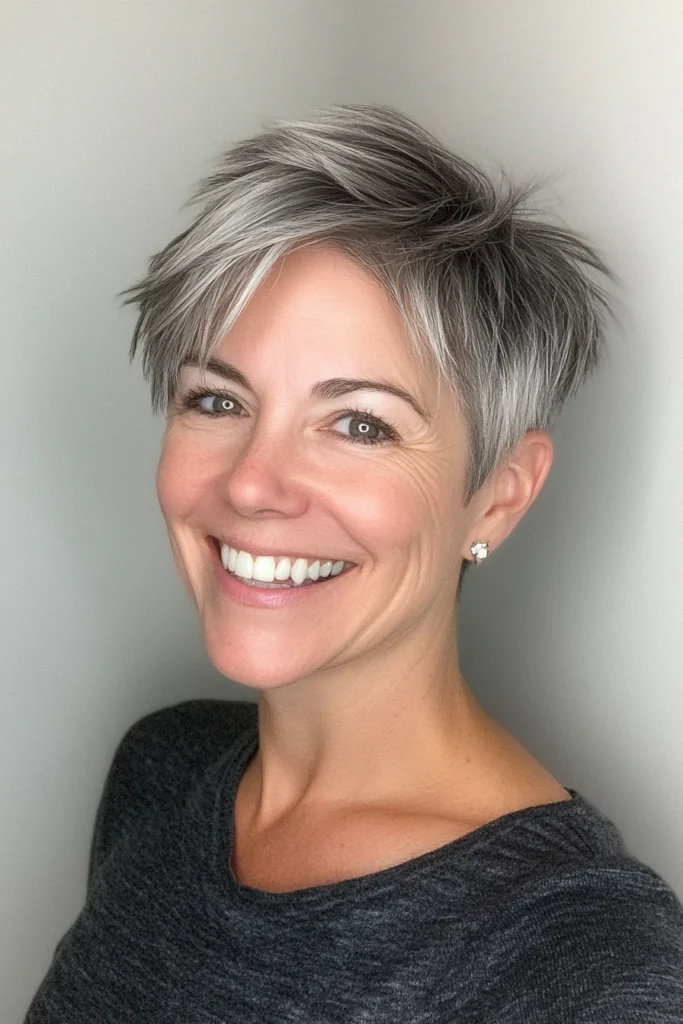 25 cortes de cabello rejuvenecedores para mujeres mayores de 50 17 14. Short Razor Cut with Natural Grey Highlights Short Haircuts For Women Over 50 With Thick Hair