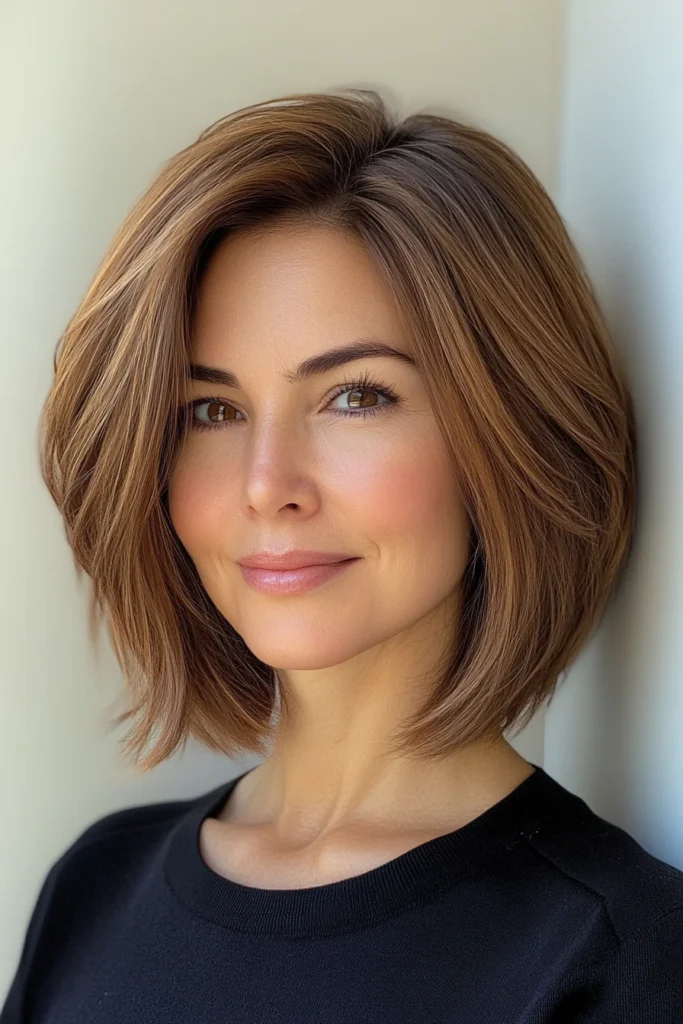 25 cortes de cabello rejuvenecedores para mujeres mayores de 50 22 16. Tapered Bob with Chestnut and Dark Blonde Lowlights Short Haircuts For Women Over 50 With Thick Hair