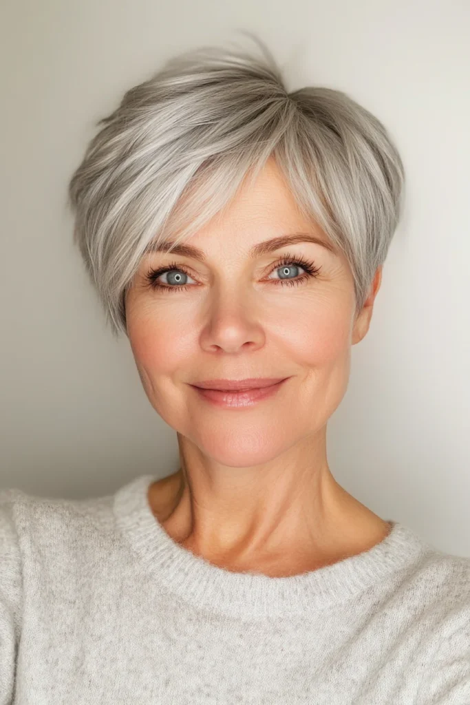 25 cortes de cabello rejuvenecedores para mujeres mayores de 50 16 2. Silver Tapered Pixie Cut Short Haircuts For Women Over 50 With Thick Hair