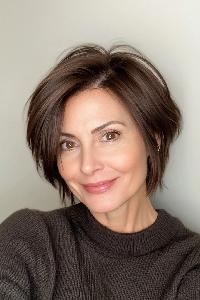 25 cortes de cabello rejuvenecedores para mujeres mayores de 50 14 22. Side Swept Layered Cut with Dark Chocolate Brown Short Haircuts For Women Over 50 With Thick Hair