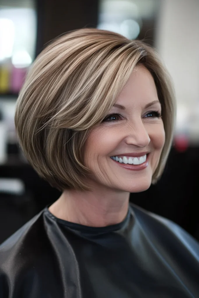 25 cortes de cabello rejuvenecedores para mujeres mayores de 50 3 23. Ear Length Bob with Soft Sandy Brown Short Haircuts For Women Over 50 With Thick Hair
