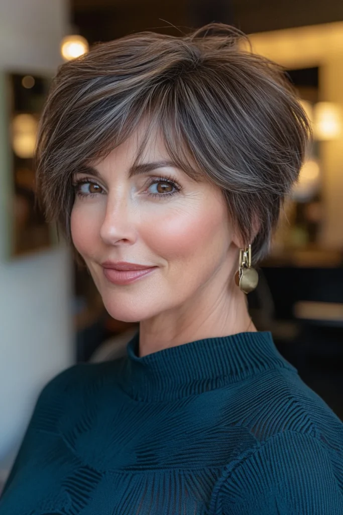 25 cortes de cabello rejuvenecedores para mujeres mayores de 50 5 24. Short Tousled Layers with Cool Brown Base Short Haircuts For Women Over 50 With Thick Hair