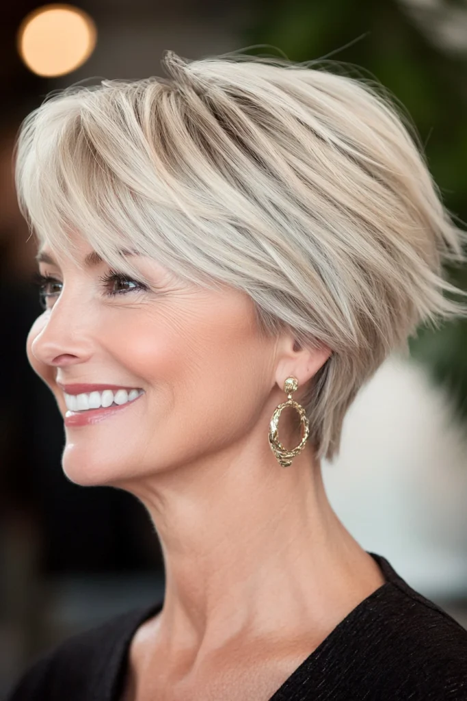 25 cortes de cabello rejuvenecedores para mujeres mayores de 50 9 3. Layered Crop with Sandy Blonde Hue Short Haircuts For Women Over 50 With Thick Hair
