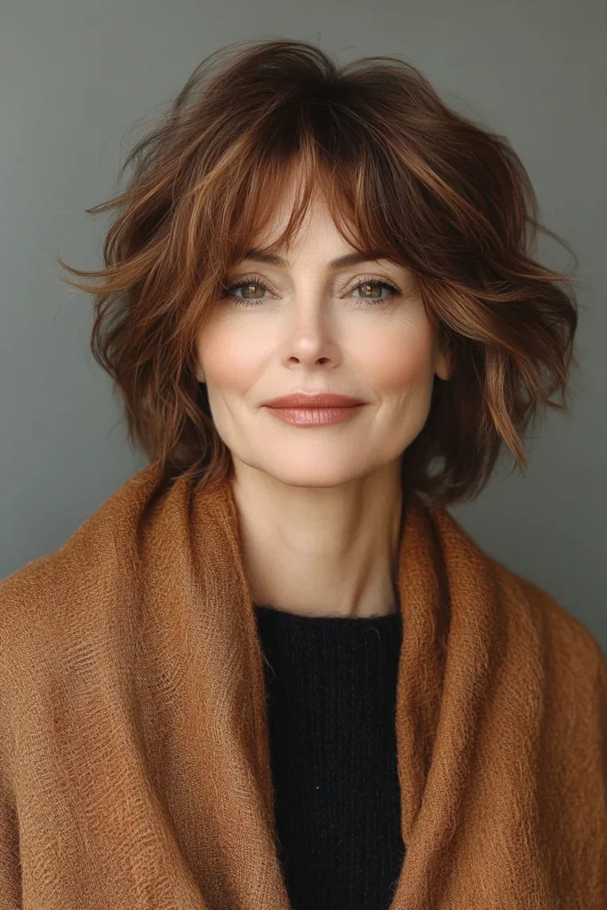 25 cortes de cabello rejuvenecedores para mujeres mayores de 50 24 5. Textured Shag with Warm Auburn Tones Short Haircuts For Women Over 50 With Thick Hair