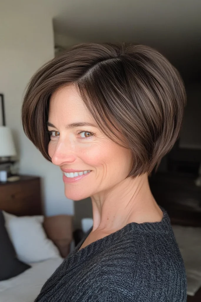 25 cortes de cabello rejuvenecedores para mujeres mayores de 50 8 6. Blended Pixie Bob in Natural Brunette Short Haircuts For Women Over 50 With Thick Hair