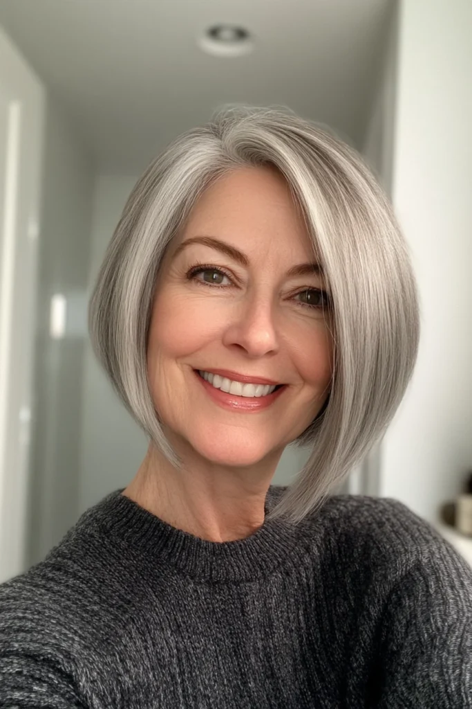 25 cortes de cabello rejuvenecedores para mujeres mayores de 50 15 8. Classic French Bob with Soft Grey Tones Short Haircuts For Women Over 50 With Thick Hair