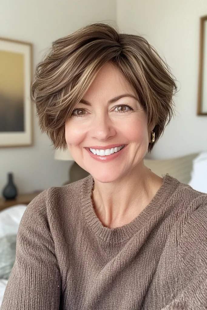 25 cortes de cabello rejuvenecedores para mujeres mayores de 50 23 9. Short Choppy Crop with Medium Brown Base Short Haircuts For Women Over 50 With Thick Hair
