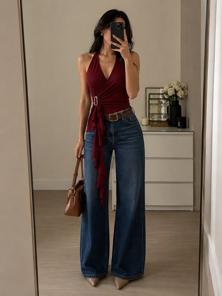 Comfy Casual Outfit Inspo Wide Leg Jeans Halter Top 🤎👖